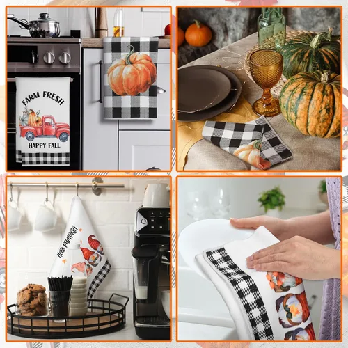 Miniatura 5 de Sratte 4 piezas de toallas de cocina de Acción de Gracias, toallas de mano de otoño 16 x 24 pulgadas, paño de cocina de calabaza, gnomo de otoño