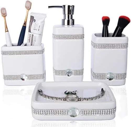 Miniatura 10 de CAA'S - Juego de accesorios de baño de cerámica de 4 piezas para decoración de baño, incluye dispensador de loción, soporte para cepillos