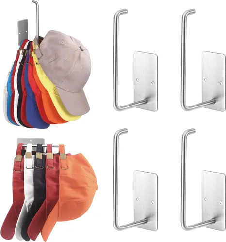 Miniatura 11 de Percheros para gorras de béisbol, paquete de 2 ganchos adhesivos de acero inoxidable para colgar sombreros para pared, organizador de ganchos