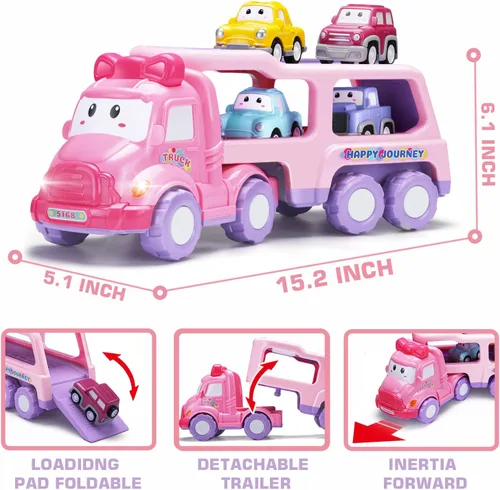 Miniatura 4 de Vehículo de juguete de dibujos animados para niña pequeña, camión transportador rosa 9 en 1 para bebés, automóvil de transporte de energía