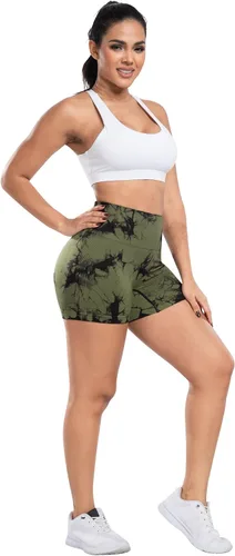 Miniatura 4 de CHRLEISURE Pantalones Cortos de Entrenamiento para Mujer, 4 Paquetes, Cintura Alta, Levantamiento de Glúteos con Fruncido, Pantalones Cortos Booty