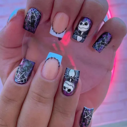 Miniatura 18 de Uñas postizas a presión de Halloween, uñas postizas cuadradas cortas con diseños de gato negro, acabado degradado brillante, cobertura completa