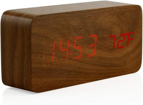 Miniatura 8 de OCT17 Reloj despertador digital de madera, reloj despertador LED multifunción de madera con fuente de alimentación USB, control de voz, Bambú