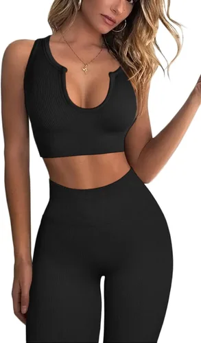 QINSEN Conjuntos de entrenamiento para mujer, 2 piezas, acanalados, sin costuras, sin mangas, cintura alta, leggings de yoga