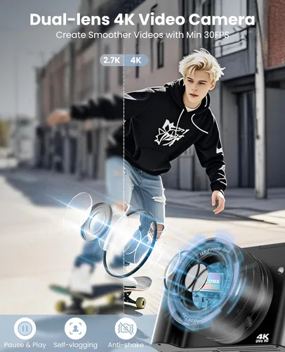 Miniatura 2 de Cámara Digital 4K para Fotografía con Enfoque Automático, Cámara de Vlogging de Doble Lente de 64MP para Video Anti-Vibración, Cámaras de Viaje