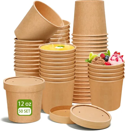 Miniatura 10 de Paquete de 100 recipientes de papel de 4 onzas para sopa con tapas ventiladas, recipientes desechables para alimentos, tazas de helado de estraza