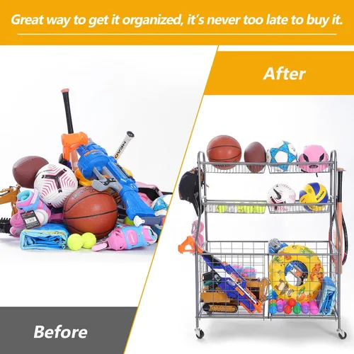 Miniatura 5 de Kinghouse Organizador de equipo deportivo con ruedas, estante de almacenamiento de pelota de garaje para baloncesto, juguetes, para garaje