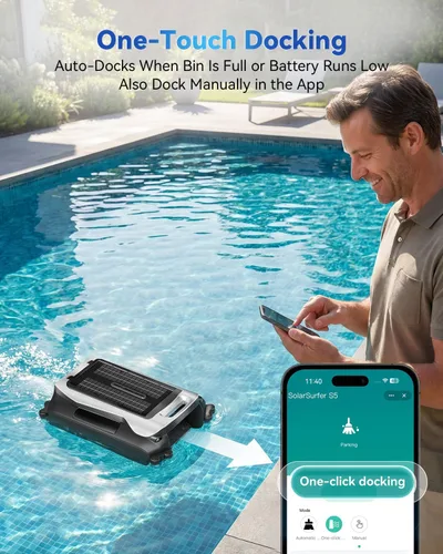 Miniatura 9 de Robot desnatador eléctrico automático de piscina 24/7 con soporte de aplicación, limpiador de superficie flotante para piscina sobre el suelo, Blanco