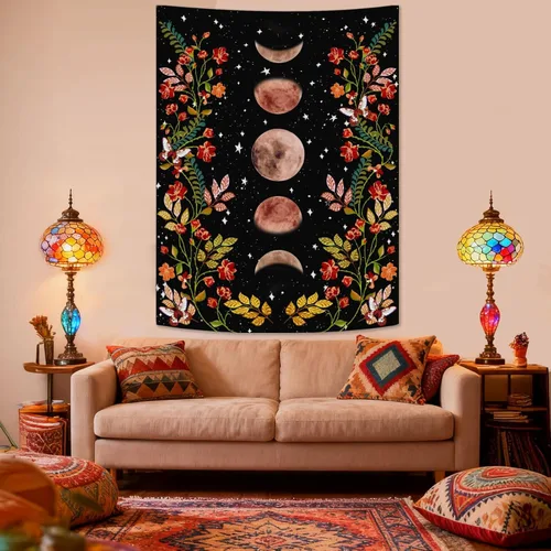 Miniatura 4 de Lifeel - Tapiz de jardín con luz de luna, fase lunar rodeada de vides y flores, tapiz negro para decoración de pared