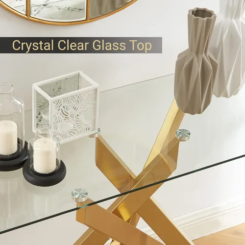 Miniatura 4 de Mesa consola moderna de patas cruzadas con vidrio templado de 0.315 pulgadas, mesa de entrada geométrica dorada para sala de estar y dormitorio, 45