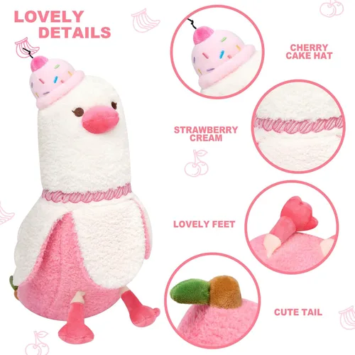 Miniatura 3 de PEACH CAT Almohada de felpa de pato de plátano con sombrero de pastel de cereza, pato de plátano, regalo para niñas y niños, blanco y rosa, 12