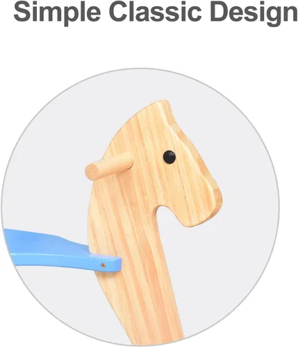 Miniatura 3 de Caballo mecedor de madera para bebé, juguete para niños pequeños, diseño clásico con pedal y respaldo seguro para niños pequeños (azul)