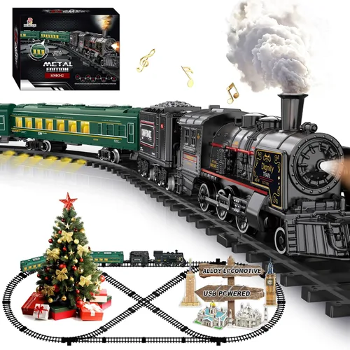 Miniatura 10 de Juego de tren para niños con control remoto, juguetes de tren con locomotora de vapor, tanque de combustible y pistas de lujo, trenes eléctricos