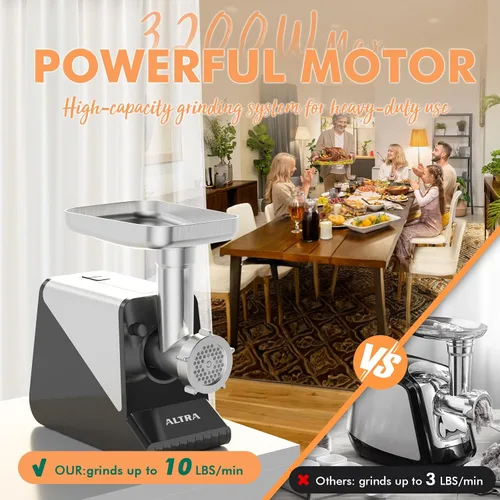 Miniatura 3 de ALTRA LIFE - Molinillo eléctrico de carne, relleno de salchichas máximo de 2800 W con 2 cuchillas, 3 platos, tubo de salchicha, rallador de queso