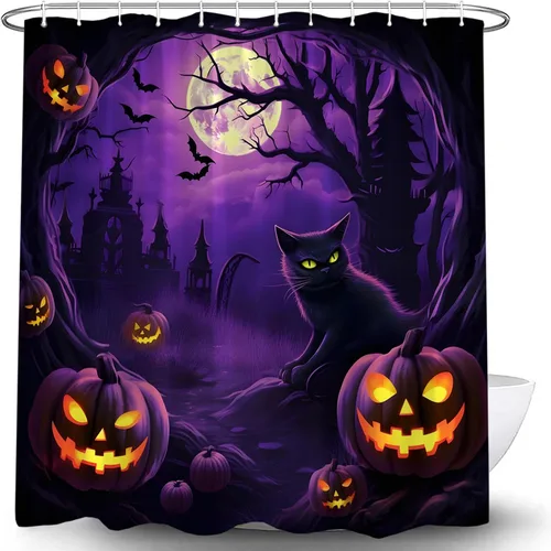 Miniatura 3 de Cortina de ducha de Halloween, espeluznante gato negro, calabazas aterradoras, luna llena, casa encantada, murciélagos, árbol muerto, cortina