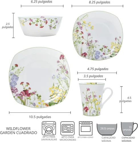 Miniatura 5 de Mikasa Wildflower Garden - Juego de vajilla de porcelana de hueso de 16 piezas para 4, platos cuadrados y cuencos con tazas, diseño floral, apto