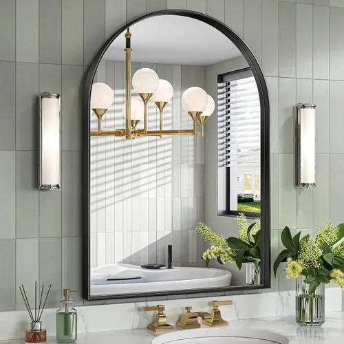 Miniatura 15 de Brightify - Espejo arqueado dorado de 24 x 32 pulgadas, espejo de pared con marco de metal de latón para baño, espejo arqueado superior para tocador