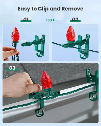 Miniatura 6 de SURAIELEC C9 Luces LED de Navidad con clips, 67 pies, 100 luces de techo de Navidad para exteriores con clips de resorte, luces de cadena rojas