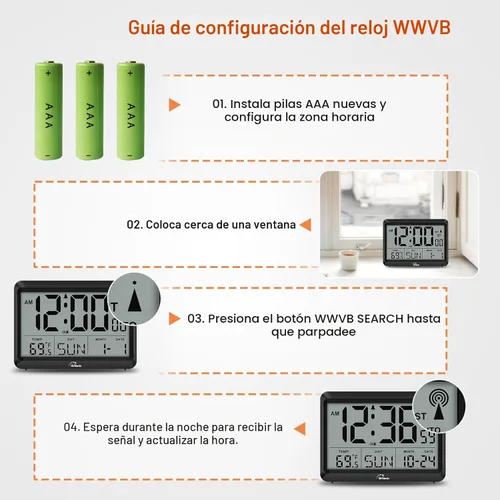 Miniatura 6 de WallarGe - Reloj de pared digital atómico, funciona con pilas, autoconfiguración, pantalla grande con temperatura, fecha, día de la semana, reloj