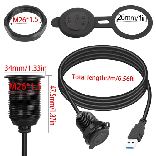 Miniatura 6 de QIANRENON Cable USB 3.0 de 5 Gbps a prueba de agua para automóvil, cable USB 3.0 hembra a macho para montaje en panel con luz LED, carcasa