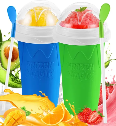 Vaso para Slushie, paquete de 2 vasos mágicos para hacer granizados para hacer jugo, leche, yogur, helado, taza reutilizable para batido con tapa y