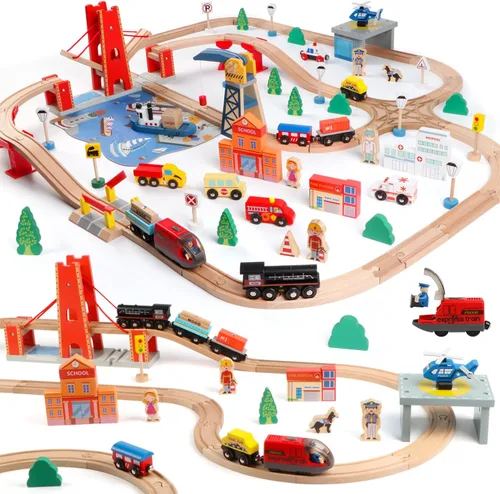 Qilay Juego de tren de madera de 121 piezas con bolsa de almacenamiento, juego de pista de tren de madera Busy Port City para niños a partir de 3