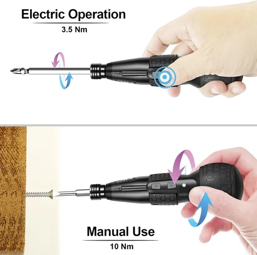 Miniatura 6 de Destornillador eléctrico inalámbrico de 3.6V - Par de torsión de 3.5Nm y brocas a prueba de óxido, 2 en 1 manual/automático con luz LED, 1800mAh