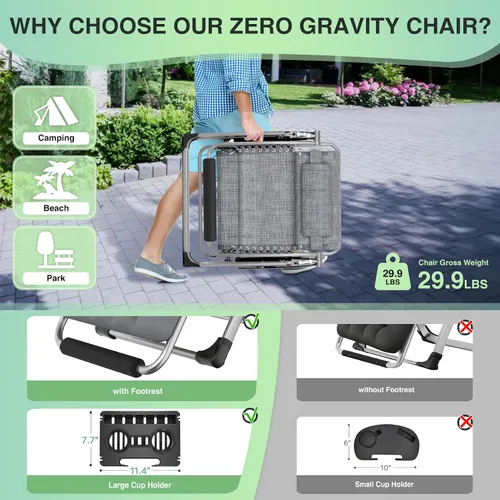 Miniatura 5 de Suteck Silla de gravedad cero de gran tamaño, silla reclinable de 29 pulgadas XL para exteriores con cojín extraíble y reposacabezas, silla