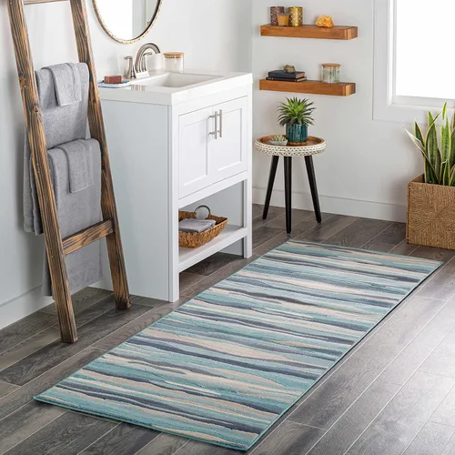 Miniatura 7 de Hauteloom Basco - Tapete moderno de rayas onduladas para la sala o el dormitorio, color azul, gris y beige, de 3 pies y 11 pulgadas x 5 pies y 7