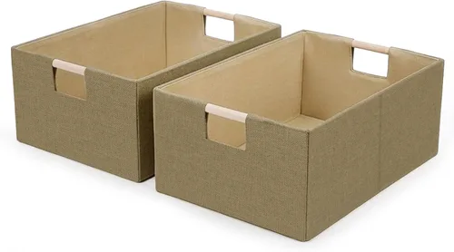 Miniatura 7 de Cubos de almacenamiento de tela plegables, 2 paquetes de cestas de almacenamiento de tela con asas de madera, contenedores organizadores plegables