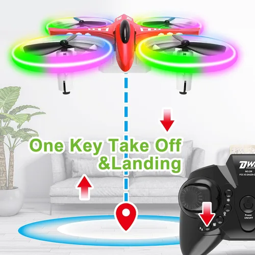 Miniatura 5 de Dwi Dowellin Mini Dron de 4.9 Pulgadas para Niños a Prueba de Choques Luces LED Despegue y Aterrizaje con Una Tecla Volteretas RC Control Remoto Rojo