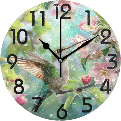 Miniatura 16 de Spring Hummingbird - Reloj de pared redondo con estampado de flores, 9.5 pulgadas, funciona con pilas, reloj de escritorio analógico silencioso