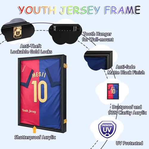 Miniatura 2 de Estuche de exhibición con marco de jersey, caja de sombra grande con cerradura, marco de jersey deportivo con protección UV acrílico y 2 colgadores