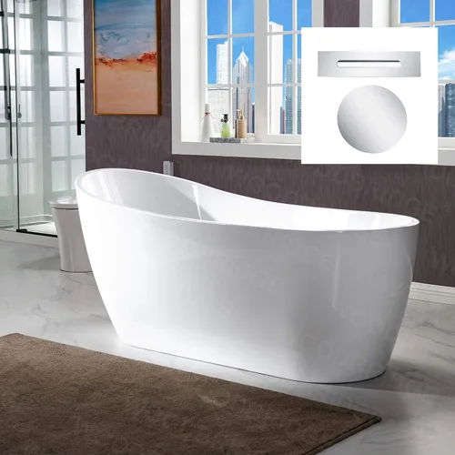 Miniatura 12 de WOODBRIDGE Bañera de acrílico independiente de 59 pulgadas, bañera blanca de remojo contemporáneo con desbordamiento y drenaje de níquel cepillado
