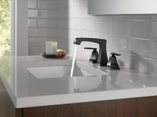 Miniatura 2 de Delta Ashlyn 3564-BLMPU-DST - Grifo de baño negro mate de 3 agujeros, 8 pulgadas para tocador, montaje de drenaje de metal Push-Pop, negro mate