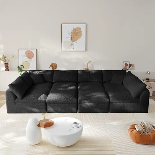 Miniatura 9 de Sofá modular de nube sin hueso de 108 pulgadas con asiento profundo para sala de estar, sofá en forma de L con otomana, tela de copo de nieve y Negro