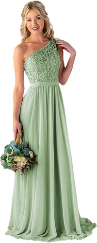 Women's One Shoulder Bridesmaid Dresses Long for Wedding with Pockets Lace Bodice A-Line Chiffon Formal Party Gown