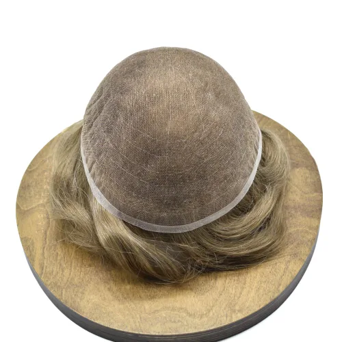 Miniatura 121 de Toupee para hombres nudos blanqueados hombres toupee hairpieces europeo virgen sistema de reemplazo de cabello humano suave encaje francés hombres