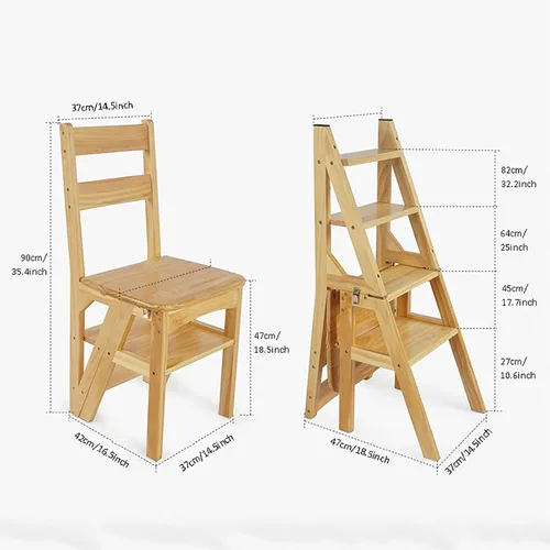 Miniatura 3 de Silla de escalera plegable de madera, taburete y silla 2 en 1, estilo rústico, perfecta para comedor, uso en interiores y exteriores, capacidad