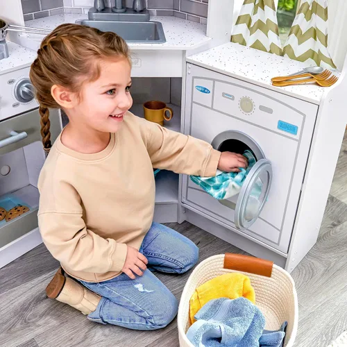 Miniatura 6 de KidKraft Ultimate - Cocina de madera de esquina con luces y sonidos, teléfono de juego y cortinas, blanco