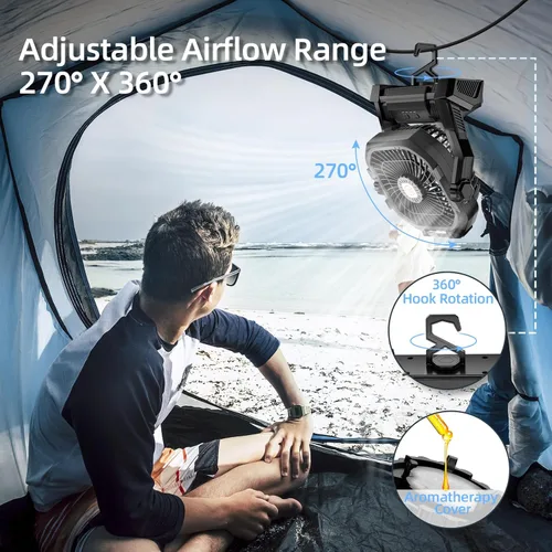 Miniatura 4 de Ventilador de camping recargable, ventilador portátil con batería de 20000 mAh con luz LED y gancho, 4 velocidades ajustables a 270°, esenciales