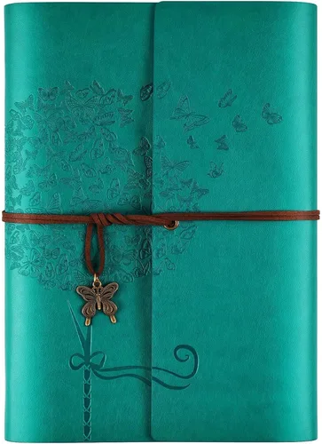 Miniatura 12 de Diario de cuero OMEYA, cuaderno de escritura recargable, planificador de diario para mujeres y niñas (Azul, A6 18.5 cm x 13 cm)