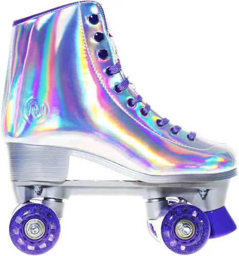 Miniatura 9 de JajaHoho Patines de ruedas para mujeres, piel sintética holográfica de alta calidad, patines brillantes de doble fila de cuatro ruedas para niñas