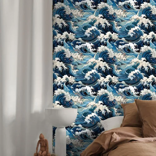 Miniatura 4 de Vinatge Janpanese - Papel tapiz autoadhesivo con mosaico azul y amarillo de olas marinas, para gabinetes de cocina, apto para inquilinos, 14.5 pies