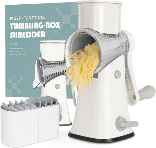 X Home Rallador de queso giratorio 5 en 1 para cocina, rallador de manivela mejorado con base de succión más fuerte y cuchillas de tambor Blanco 5