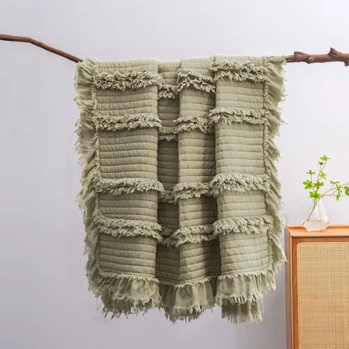 Miniatura 19 de Manta acolchada ultra suave y prelavada de tamaño individual color amarillo bohemio para cama, manta decorativa con flecos con volantes, manta