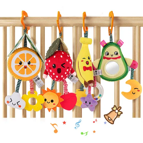 TUMAMA Juguetes para bebés de 3, 6, 9, 12 meses, sonajeros colgantes de frutas, aguacate, plátano, naranja y fresa, juguetes móviles para cochecito,