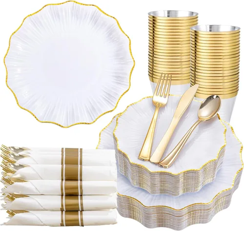 Miniatura 10 de U-QE 175 platos y servilletas de plástico dorado para fiestas, juego de vajilla transparente y dorado para 25 invitados, 25 platos llanos, 25 platos