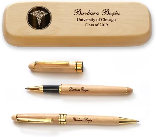 Juego de bolígrafos de graduación de madera de arce macizo personalizado para médico MP-Médico-GD