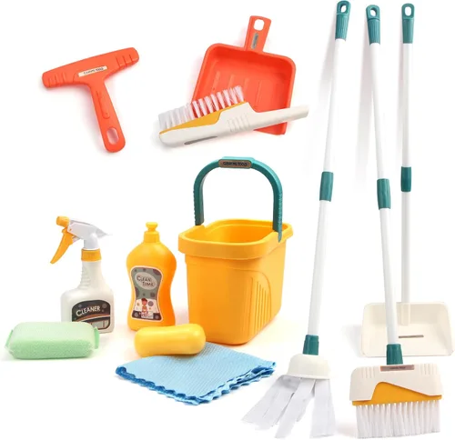 Juego de limpieza para niños de 12 piezas, incluye escoba, recogedor, trapeador, cepillo, aerosol, raspador, cubo, esponja y más, kit de limpieza
